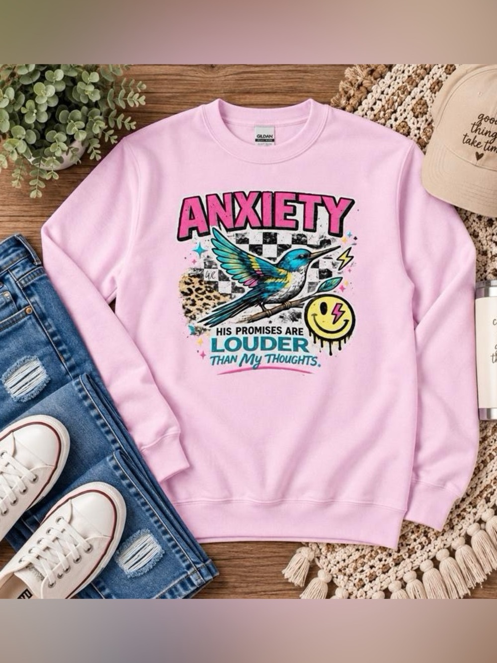 Gildan Pink Crewneck Sweatshirt with Colorful Bird Anxiety Graphic